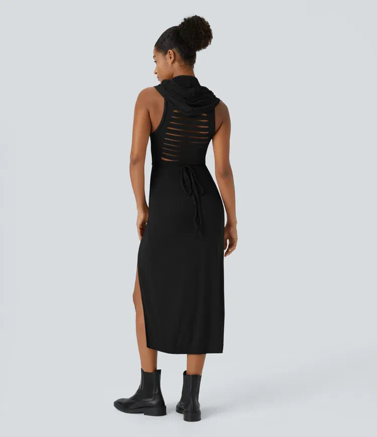 ColaZebra™ | Casual midi hooded dress, sleeveless, zebra back