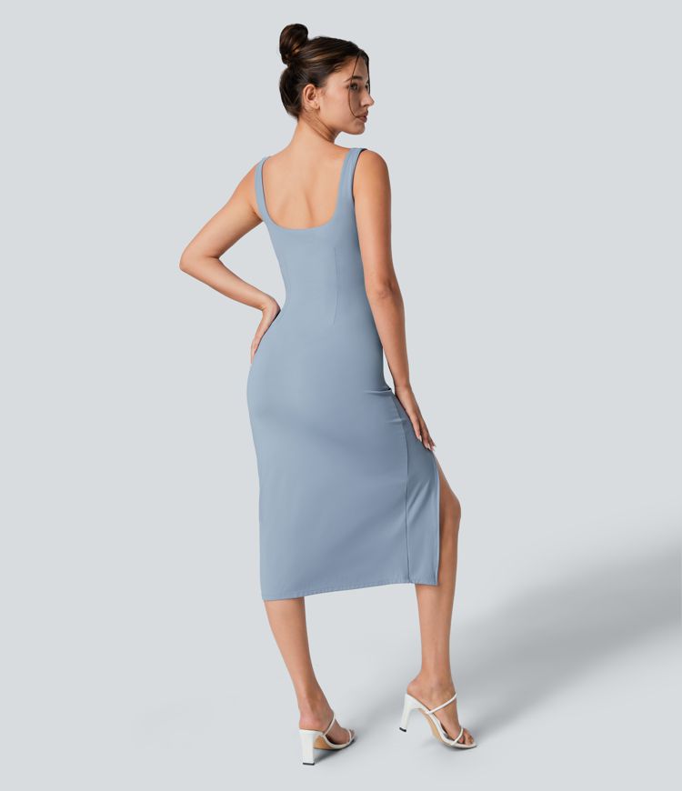 Casual bodycon midi dress with slit, backless corset, square neckline and ruching